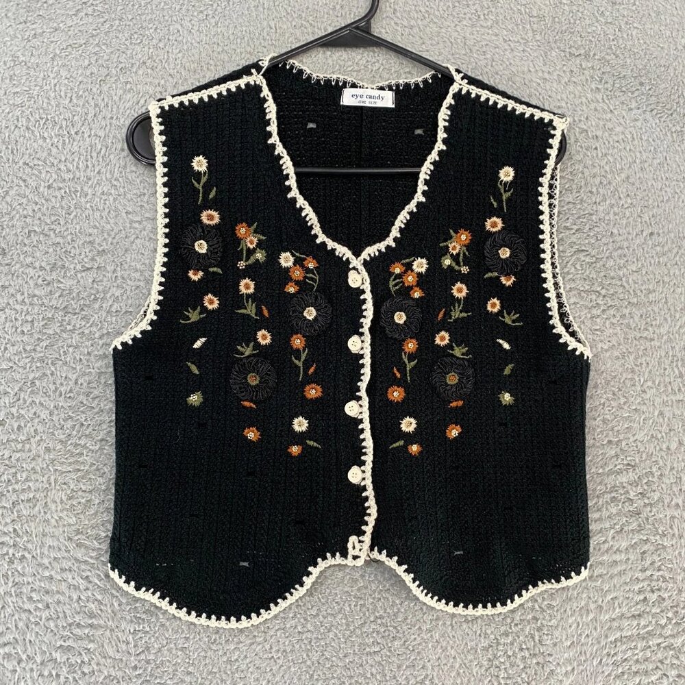 Eye Candy Sweater Vest Cardigan Womens Embroidered Granny Crochet Goblincore